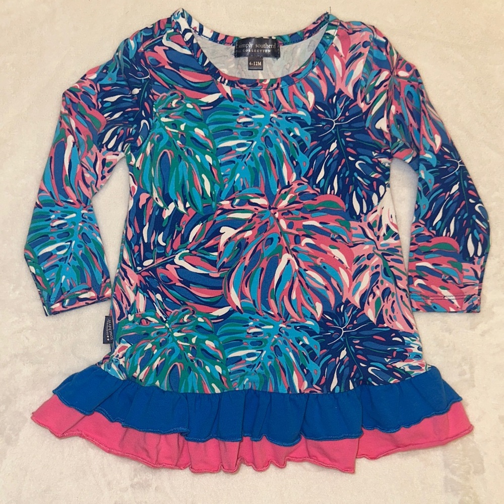 EUC Simply Southern colorful palm leaf long sleeve Ruffle Hem dress 6/12mo